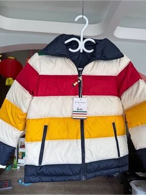 Barbie Striped Puffer Jacket - Navy, Red, Yellow, Cream